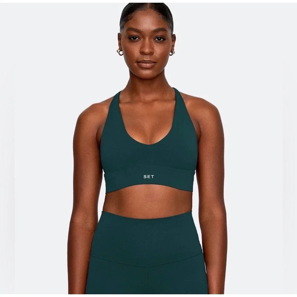 SET Active Luxform V-Neck Sports Bra Teal Green Racerback Yoga Gym Top Small